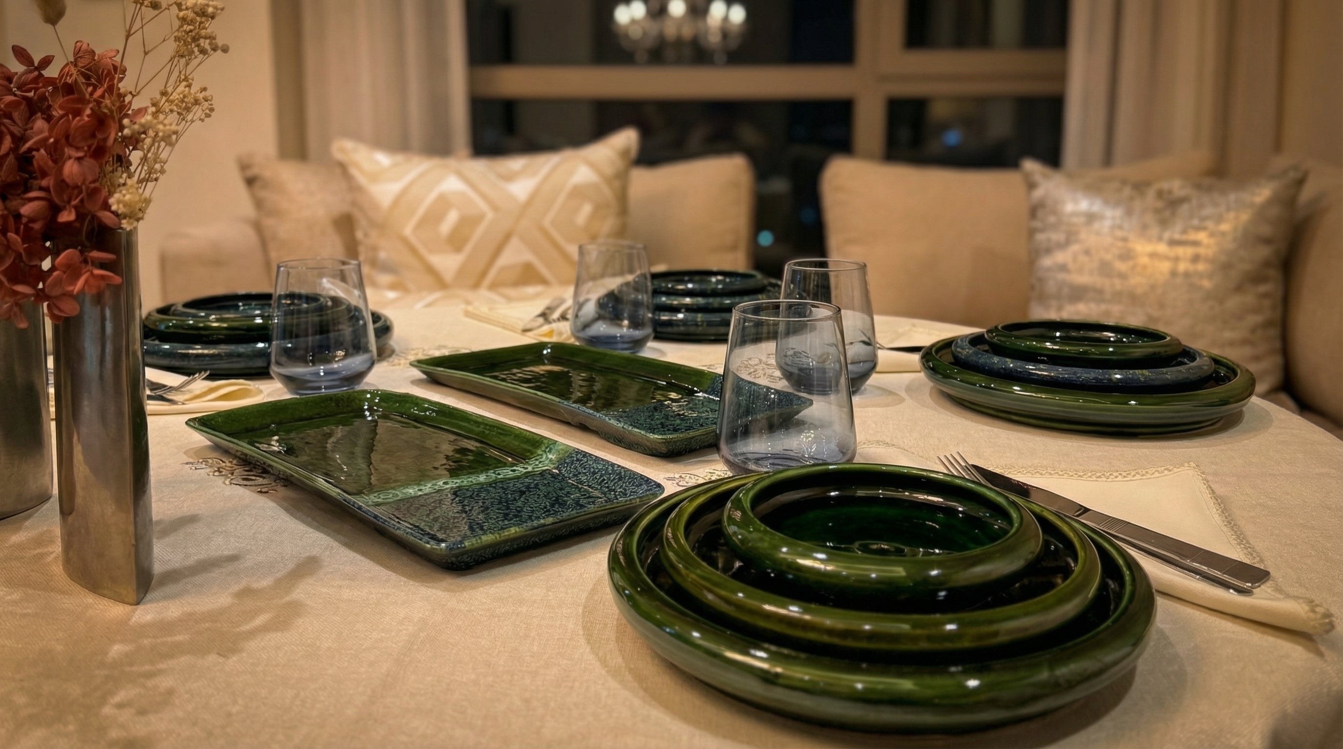 Set 3 assiettes en Céramique Artisanales vert profond