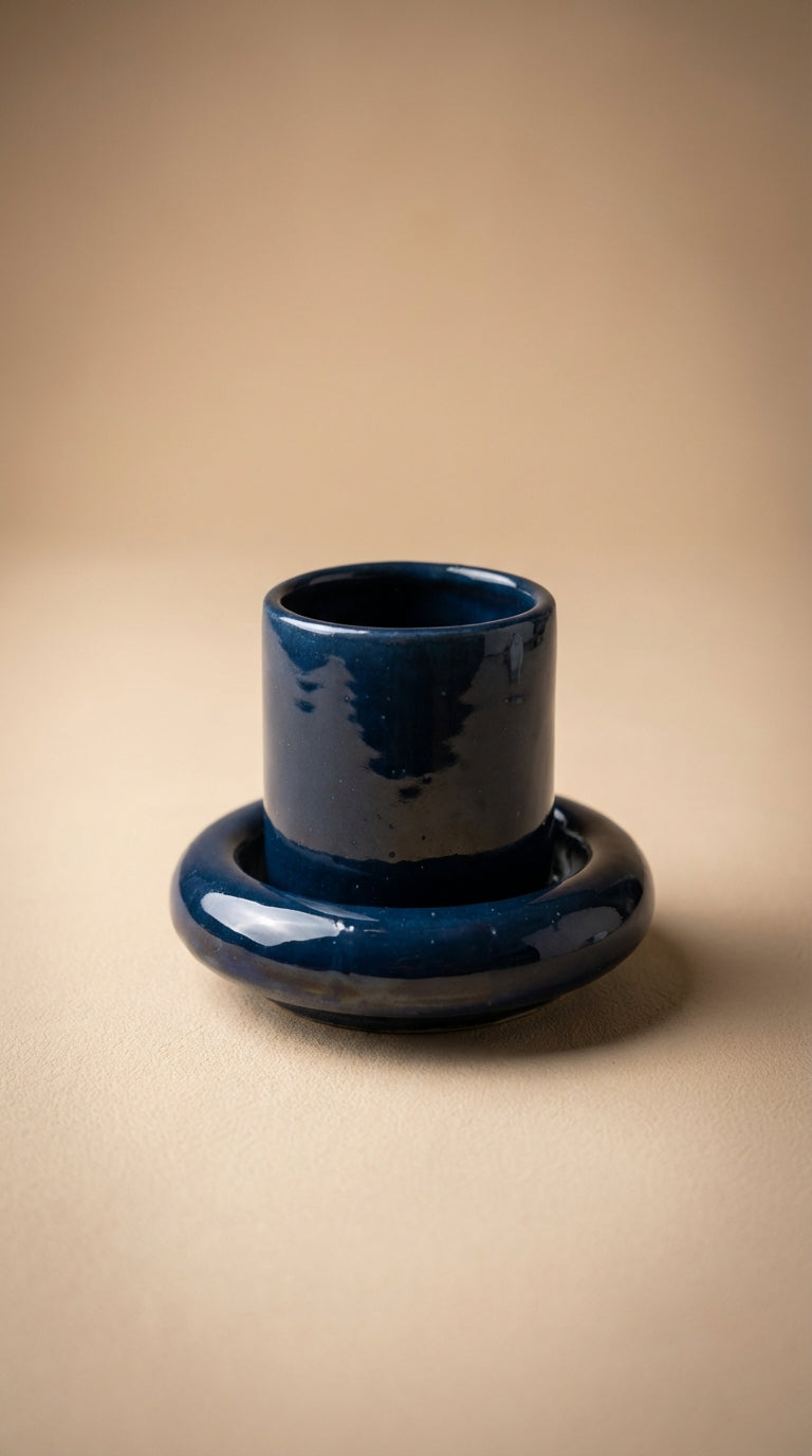 Tasse à café en céramique artisanale avec sous tasse - Bleu