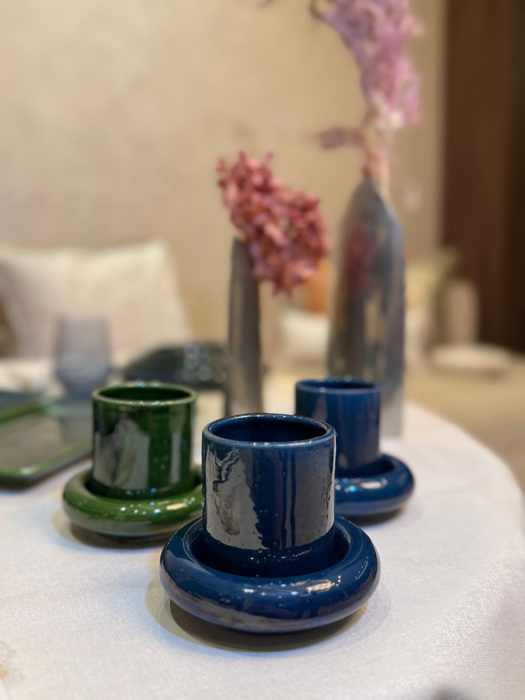 Tasse à café en céramique artisanale avec sous tasse - Bleu