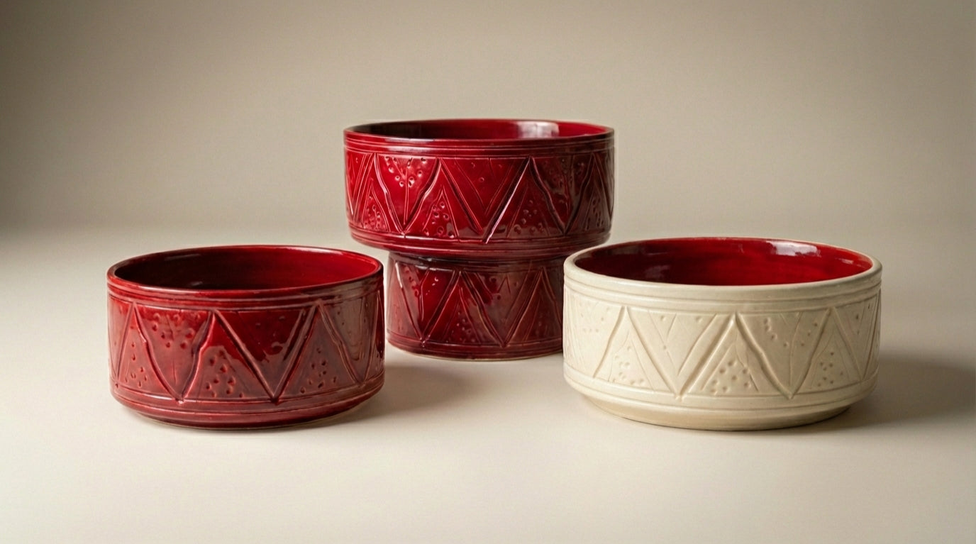 Set de 3 Bols Artisanaux beiges et rouges